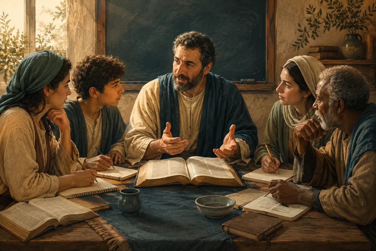 Un maestro guía a un grupo en el estudio de la Biblia
