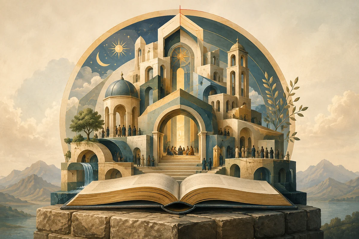 Una estructura doctrinal se levanta sobre una Biblia abierta