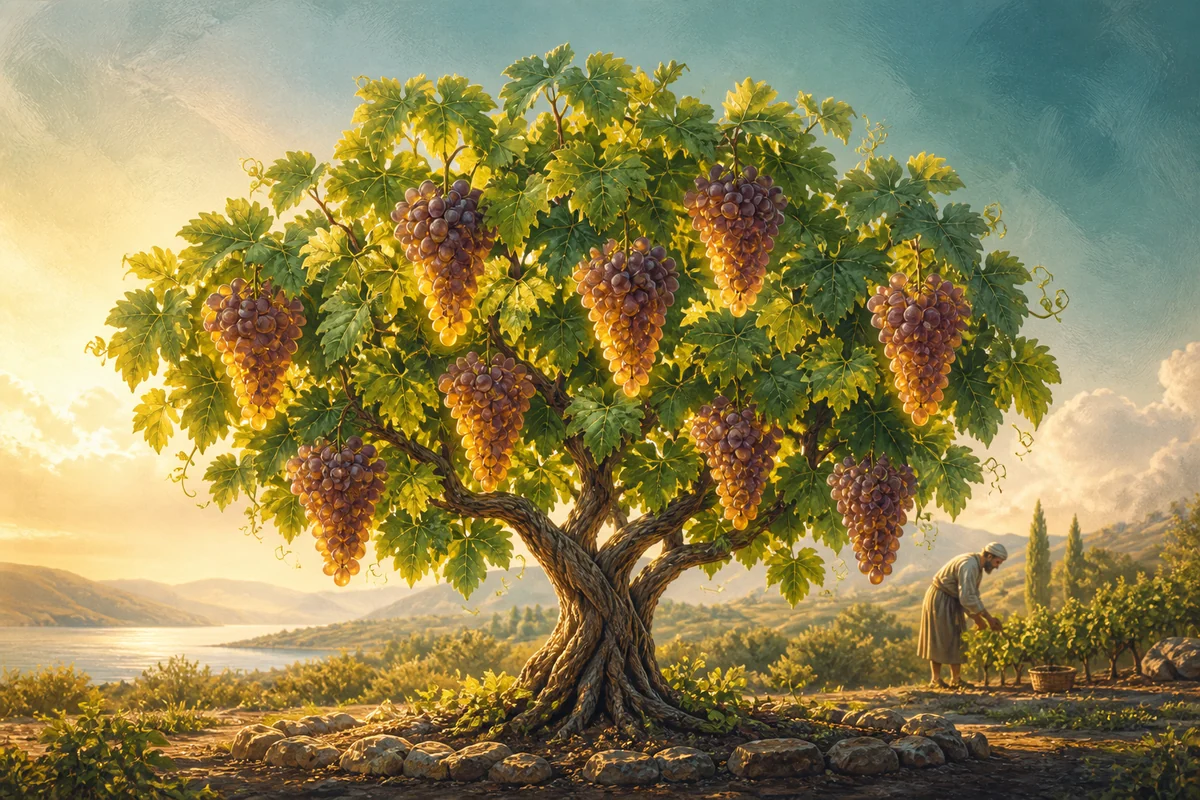 Una vid saludable cargada de fruto bajo la luz del amanecer
