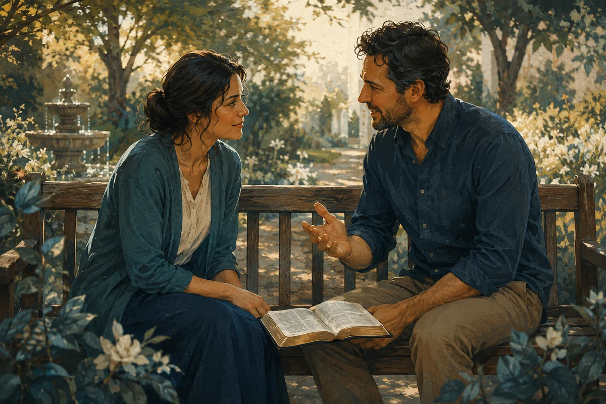 Dos personas conversan en un jardín con una Biblia abierta