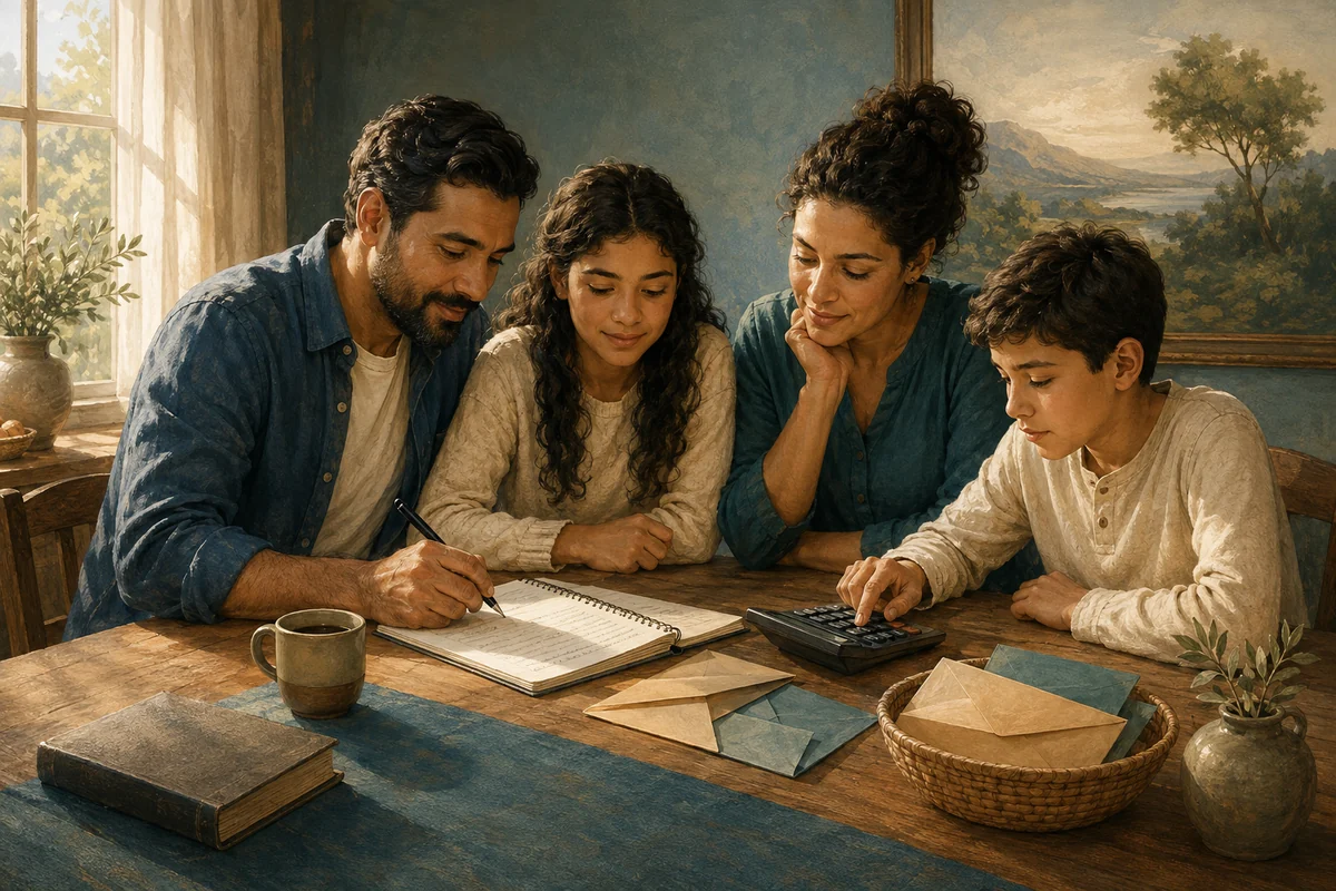Una familia organiza un presupuesto alrededor de la mesa