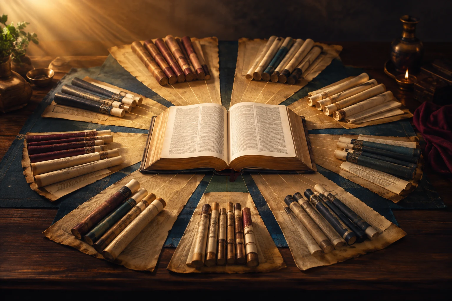 Una Biblia abierta rodeada por ocho grupos de pergaminos que representan sus grandes divisiones